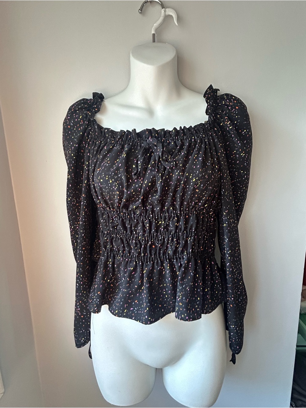 ⚡️ Black Smocked Long-Sleeve Blouse with Multicolor Confetti